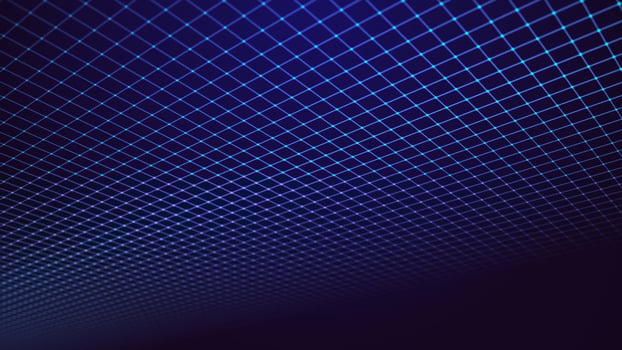 Perspective blue grid on a dark background. Futuristic illustration of a network connection. Big data. Background in the style of the 80s. 3d rendering. photo