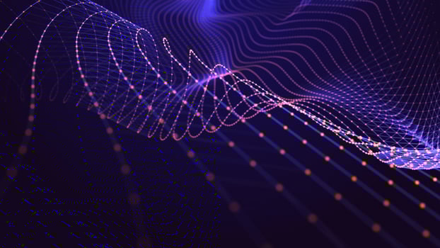 Futuristic glowing wave. The concept of big data. Network connection. Cybernetics. Abstract dark background of blue lines with orange dots. 3d rendering. photo