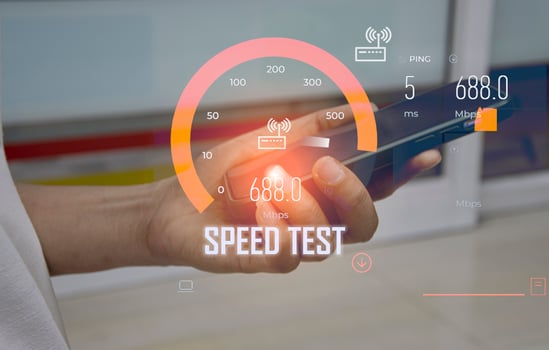 fast internet connection speedtest network bandwidth technology Man using high speed internet with smartphone and laptop computer. 5G quality, speed optimization. photo