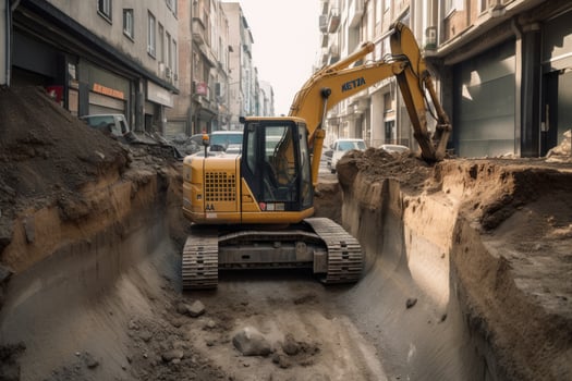 Excavator working on the construction of a new road in the city, An excavator digging a deep pit on an urban road, photo