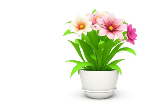 3d beautiful flower, nature flowers and plant pot illustration isolated on white background, copy space photo