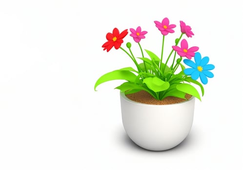 3d beautiful flower, nature flowers and plant pot illustration isolated on white background, copy space photo