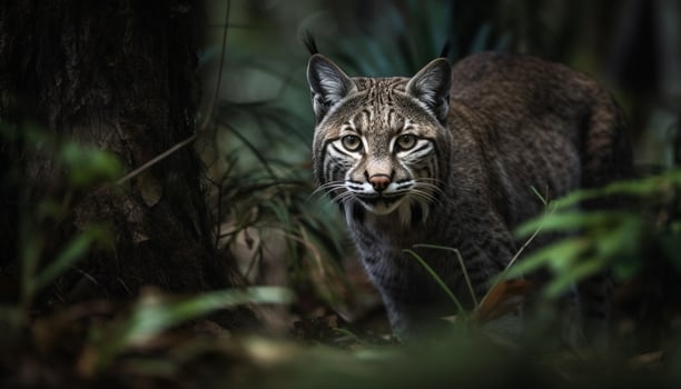Wildcat beauty in nature, danger lurking, tiger stalking prey generated by AI photo