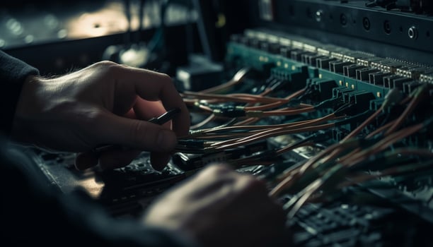 Expert technician installing computer equipment for global communication in factory generated by AI photo