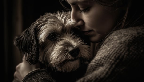 Caucasian girl embracing cute terrier puppy, smiling with happiness generated by AI photo