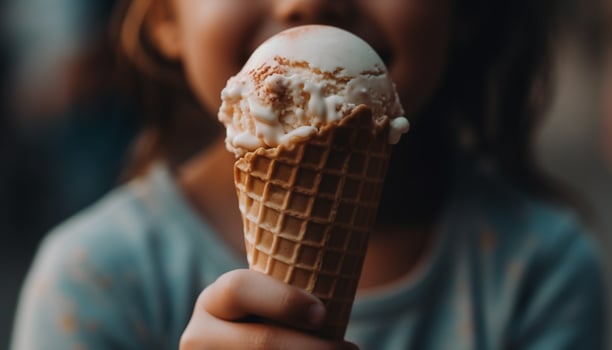One woman holding ice cream cone, enjoying sweet summer refreshment generated by AI photo