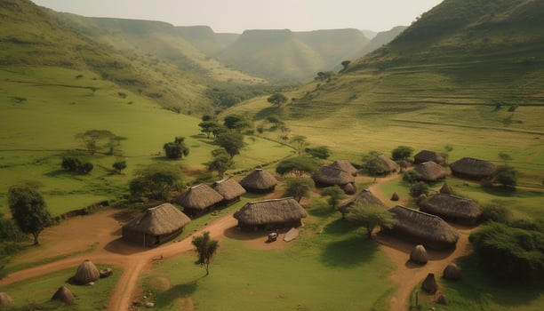 Green meadow hut, rice paddy growth, tranquil forest sunset adventure generated by AI photo