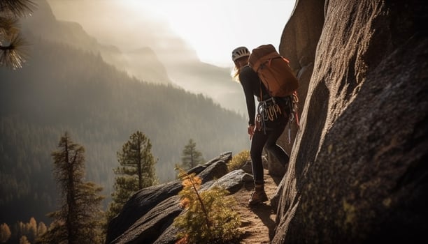 Two young adults conquer mountain peak, bonding in nature freedom generated by AI photo