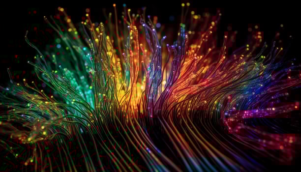Glowing fiber optic backdrop illuminates vibrant multi colored celebration pattern generated by AI photo