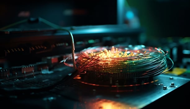Glowing computer chip part of complex semiconductor manufacturing equipment indoors generated by AI photo