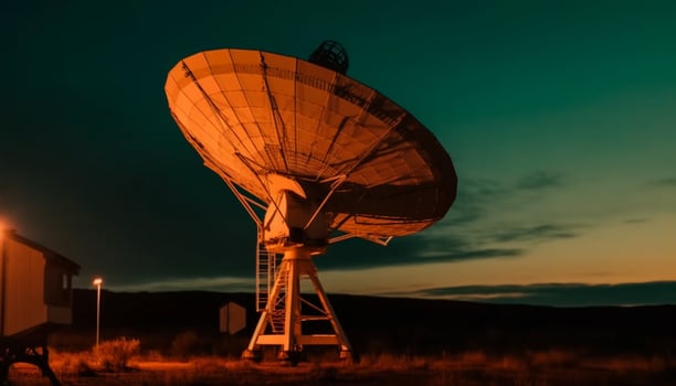 Wireless technology broadcasts global communications data via satellite dish generated by AI photo