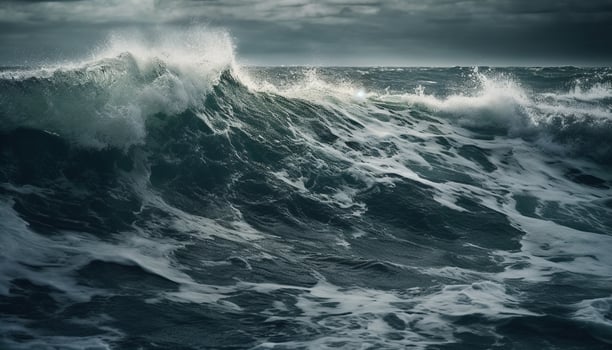 Breaking wave strength crashes against rough seascape, spraying liquid danger generated by AI photo