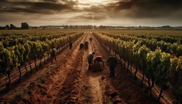 Sunset over vineyard, ripe grapes, farmer working in non urban scene generated by AI photo