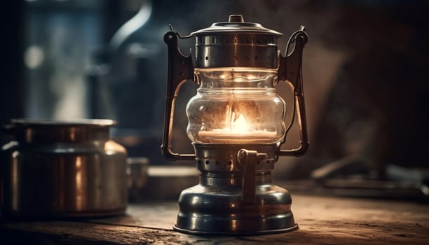 Old fashioned lantern with glowing flame, antique metal and wood handle generated by AI photo