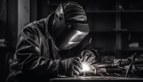 Metal worker welding steel in factory with protective workwear and equipment generated by AI photo