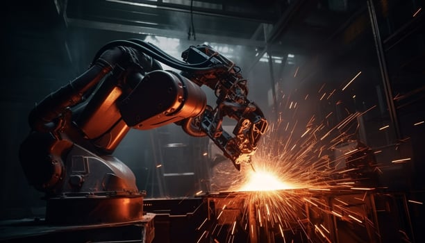 Automated robotic arm welds metal in futuristic steel factory generated by AI photo