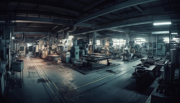 Metal manufacturing machinery in dark industrial building with blue lighting generated by AI photo