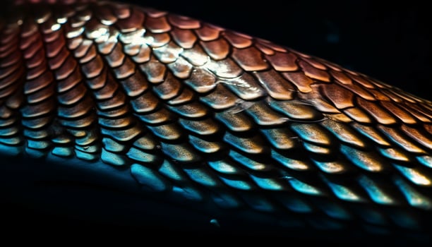 A multi colored lizard tail reflects in the blue underwater background generated by AI photo