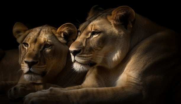 Majestic lioness and cub resting in the African savannah plain generated by AI photo