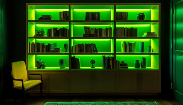 Modern bookshelf collection illuminates clean, comfortable living space luxury generated by AI photo