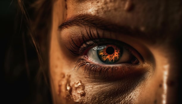 Beautiful young woman with brown eyes looking at camera outdoors generated by AI photo