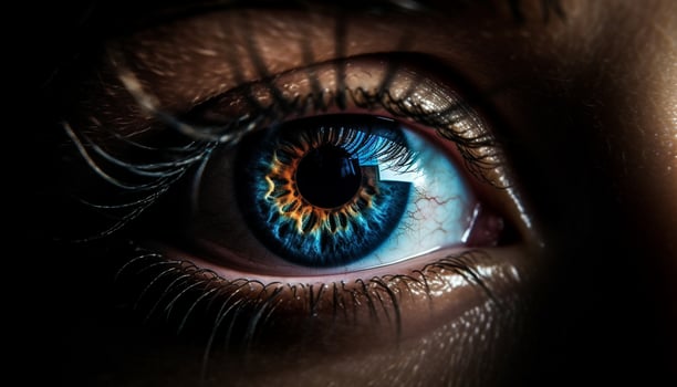 Close up of young adult blue eye staring at camera generated by AI photo