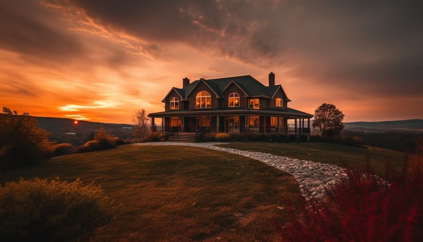 Tranquil meadow landscape with cottage, tree, and sunset sky generated by AI photo