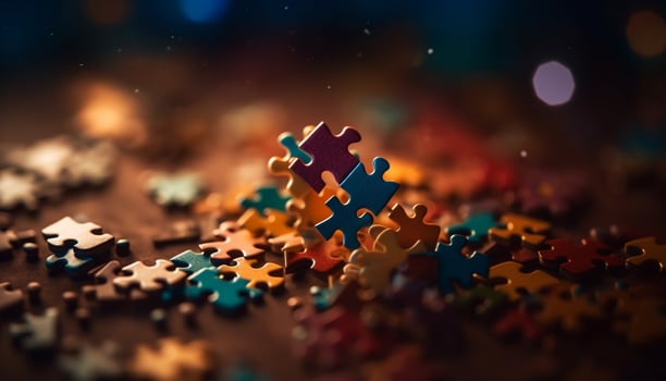 Vibrant jigsaw puzzle shapes illuminate teamwork and creative development generated by AI photo
