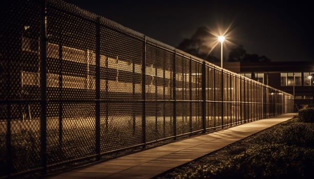 Vanishing point of modern architecture, empty prison illuminated at dusk generated by AI photo