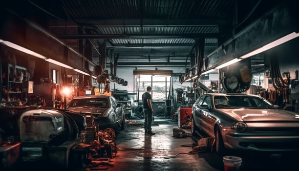 Nighttime garage service Men repairing metal machinery for transportation industry generated by AI photo