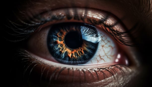 Blue eyed woman staring with close up eye, part of portrait generated by AI photo