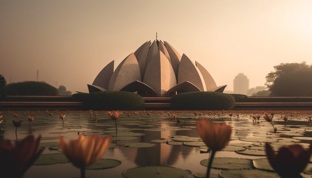 Tranquil sunset illuminates famous Hindu temple modern architecture and lotus pond generated by AI photo