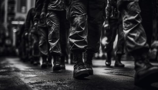 Army soldiers in black and white uniform marching with rifles generated by AI photo