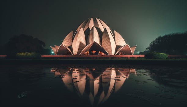The illuminated architecture of a famous place reflects on water generated by AI photo