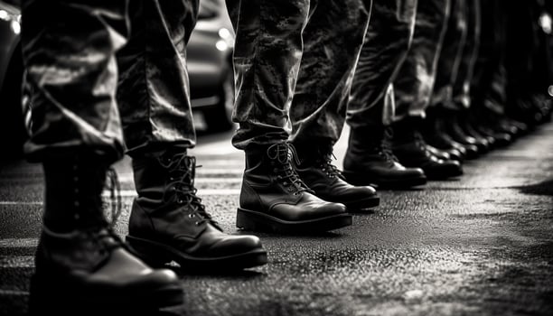 Army veterans march in unison, showcasing their patriotism and togetherness generated by AI photo