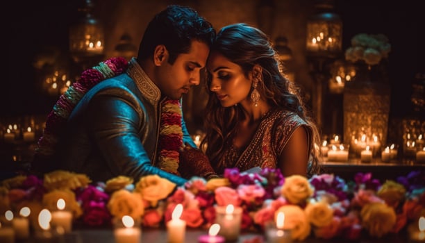 Two young adults embrace, smiling by candlelight, celebrating love generated by AI photo