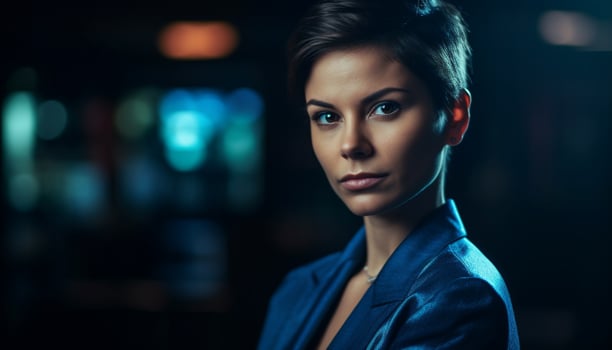 Beautiful businesswoman exudes confidence in fashionable nightclub, surrounded by city life generated by AI photo