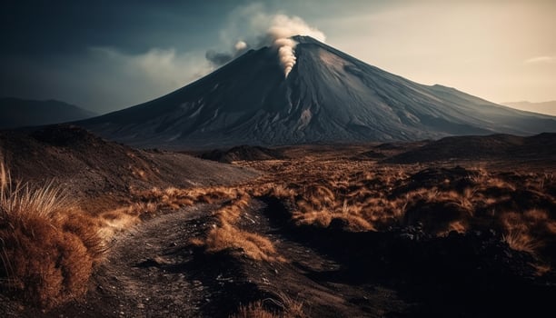 Majestic mountain range, erupting volcano, tranquil scene at dawn generated by AI photo