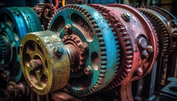 Metallic machinery turning heavy propeller in old steel factory workshop generated by AI photo