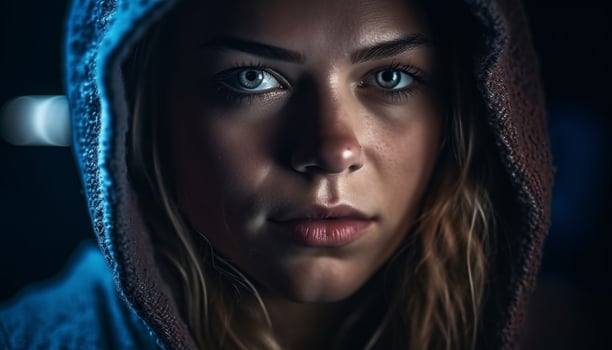 Beautiful young woman exudes confidence in hooded shirt, looking serious generated by AI photo