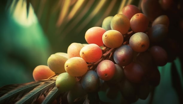 Juicy grape bunches on green vineyard branch, ripe for harvesting generated by AI photo