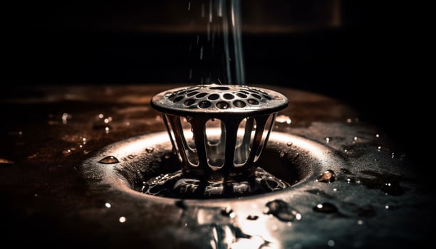 Fresh water pouring from metal faucet into stainless steel sink generated by AI photo