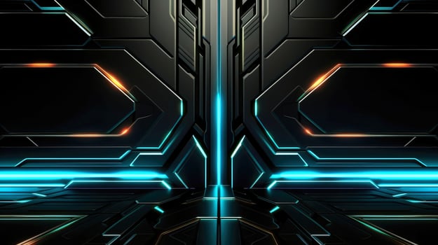 Abstract futuristic background with modern shape. sci fi neon glowing lamps in a dark corridor. Reflections on the floor and walls. Techology futuristic background, illustration photo