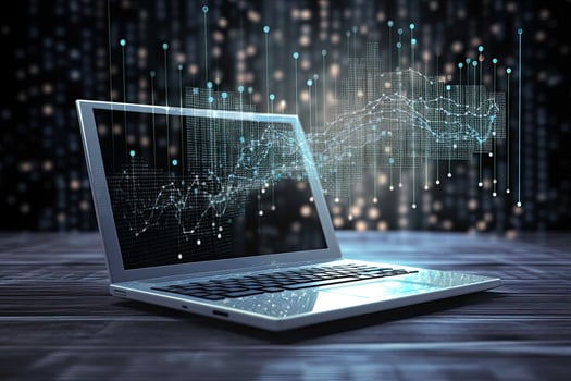Conceptual image with graphs and charts on laptop screen. 3d rendering, Big data technology background. Using a laptop against a futuristic backdrop, photo