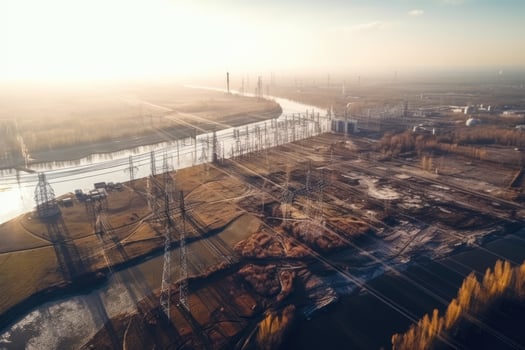 Aerial view of power lines and high voltage pylons. Big electricity production industry aerial view, photo