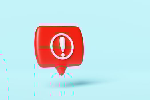 white exclamation mark with red speech bubble for social media notification pin icon isolated on blue background. 3d illustration render, Clipping path photo