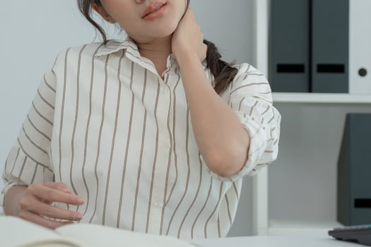 office syndromes, woman massaging neck pain due to work and using a computer, digital composite of a focused spine of neck pain and shoulder pain symptoms , injuries, health care, medical, myositis photo