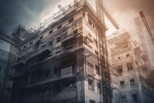 Double exposure of modern building under construction with crane and sky background. Building construction engineering project, photo