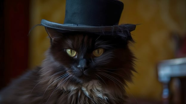 Black cat in a hat, close-up, AI-generated card idea for International Cat Day. High quality photo