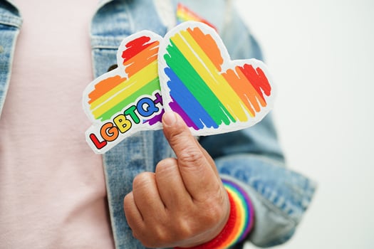 LGBT text character with rainbow flag heart for symbol of pride month lesbian, gay, bisexual, transgender, human rights, tolerance and peace. photo